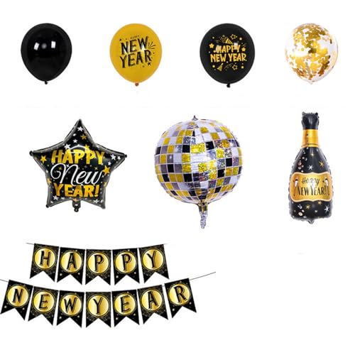 Schwarz Golden 2024 Folienballon Happy New Year Banner Bierflasche Latex Folienballon Weihnachtsdeko für Home Party Bierflasche Ballon von AOOOWER