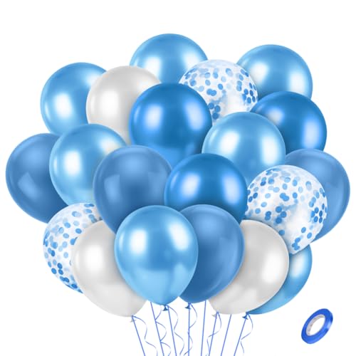 AOOSU Luftballons Blau Silber, 65pcs Helium Ballon Latex Luftballons Dunkelblau Hellblau Luftballons Geburtstag mit Metallic Luftballons Konfetti und Band, Geburtstag Party Dekorationen für Junge Kind von AOOSU