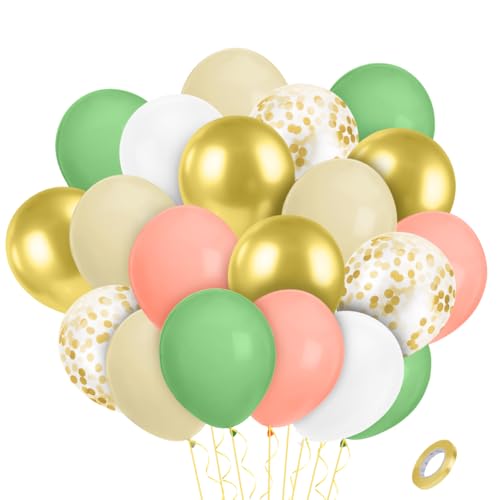 AOOSU Luftballons Grün Gold Weiß, 38pcs Helium Ballon Latex Luftballons Salbeigrün Weiß, Retro Grüne Luftballons Geburtstag mit Metallic Luftballons Konfetti und Band, Ballons für Geburtstag, Hochzeit von AOOSU