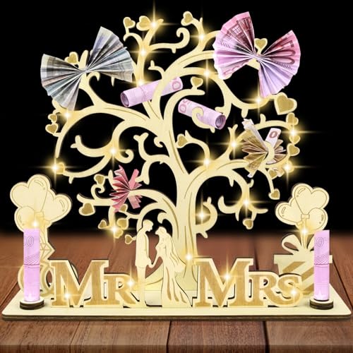 AOOTE Geldbaum Geschenk aus Holz, Geldbaum Hochzeit, Geldbaum Geldgeschenke für Brautpaar, Holz Mr & Mrs Geld Geschenk, Geldgeschenke Verpackung für Männer Frauen Brautpaar von AOOTE