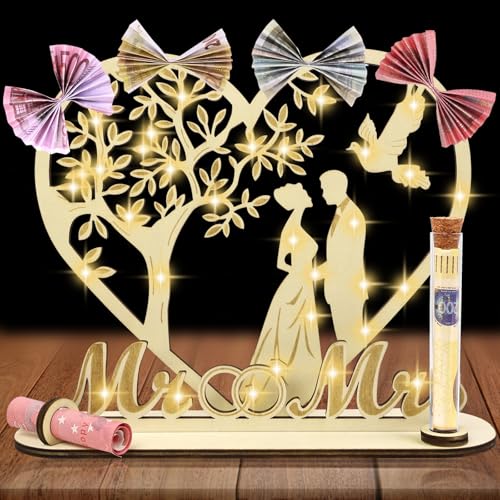 AOOTE Geldgeschenk Hochzeit Holz mit Lichterketten, Hochzeitsgeschenke für Brautpaar, Hölzern Mr & Mrs Geld Geschenk, Herzförmiges Geschenk zum Hochzeit Hochzeitstag aus Holz von AOOTE