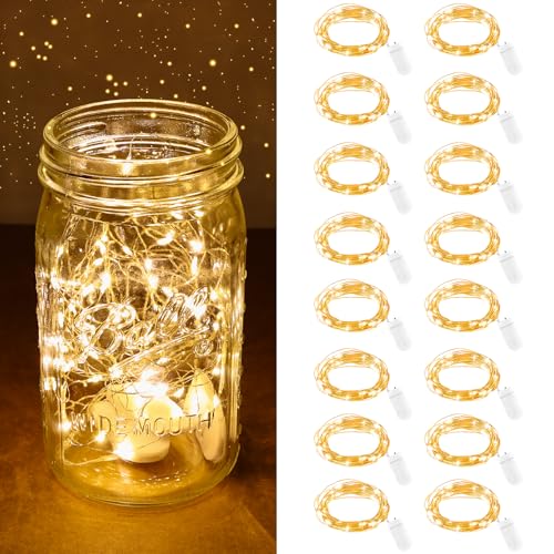 AOOTE LED Mini Lichterkette mit Batterie, 16 Stück 2m 20 LED Batterie Knopfzelle Partybeleuchtung, Lichterketten aus Kupferdraht Warmweiß für Party Hochzeiten Innen und Außen Weihnachtsdeko von AOOTE