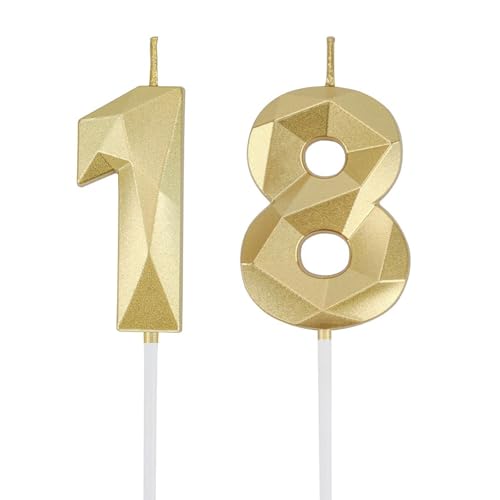AOOTUERL Geburtstagskerzen Zahlen 18, 3D Design Gold Glitter Nummer Kerzen, 18th Geburtstagskerze, Kuchen Kerze für Geburtstagsparty, Hochzeitstag, Party-Dekoration, Firmenfeiern, Jubiläen von AOOTUERL