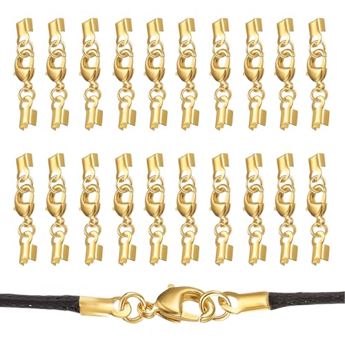Karabinerverschlüsse mit Kordelenden, 20 Stück Armband Verschluss Set, Schmuckverschlüsse Kettenverschlüsse Verbinder, Halsketten Verschluss, für Halsketten Armband DIY(Gold/32 mm) von AOOTUERL