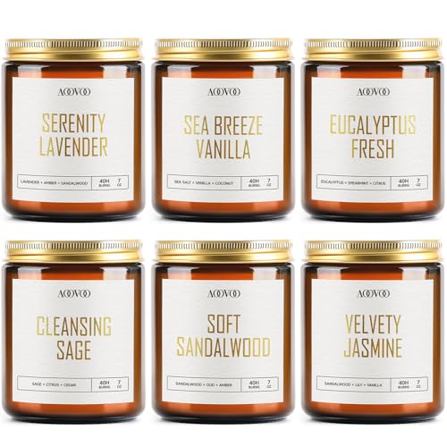 AOOVOO Kerzen-Set - Duftkerzen, Sojakerzen, Aromatherapie-Kerzen, Sojawachs-Kerzen, Duftkerzen für Zuhause, 6-teilig Lavendel/Vanille/Eukalyptus/Salbei/Jasmin/Sandelholz von AOOVOO