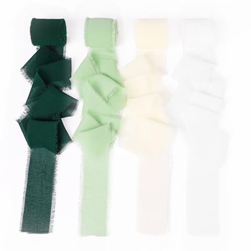 AOOWU 4PC Schleifenband, 3.8 cm x 5M Geschenkband Chiffon Seidenband Hochzeit Dekoband Taufe Festival Bänder Chiffonband Fransen（Eukalyptusgrün+ Beige + Weiß + Weihnachtsgrün） von AOOWU
