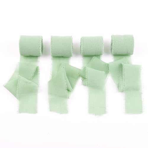 AOOWU 4PC Schleifenband Eukalyptusgrün, 3.8 cm x 5M Geschenkband Chiffon Seidenband Hochzeit Dekoband Taufe Festival Bänder Chiffonband Fransen von AOOWU