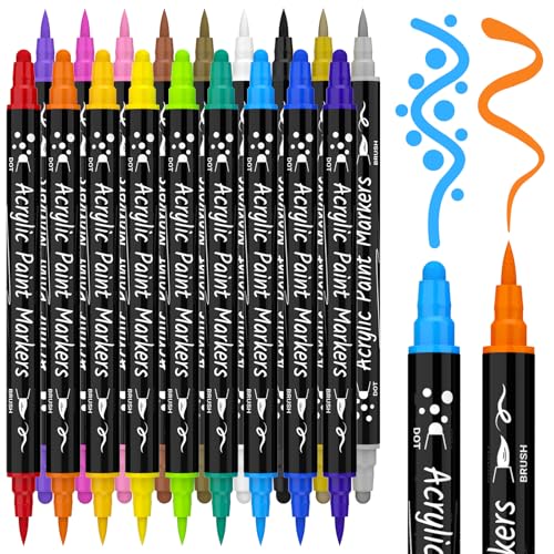 AOSUCO Acrylfarben Stifte 18 Farben Dual Tip Acrylstifte für Felsmalerei, Holz, Kieselsteine, Glas, Keramik, Steine, Stoff, Leinwand, Handwerk, Wasserfeste Pinselstifte, Acrylmarker Stifte Set von AOSUCO