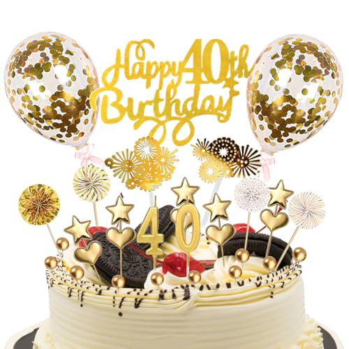 AOT 31PCS 40. Geburtstag Tortendekoration Gold mit Luftballons Sterne Liebe Fans Geschenk Kerzen Kleine Goldkugeln von AOT