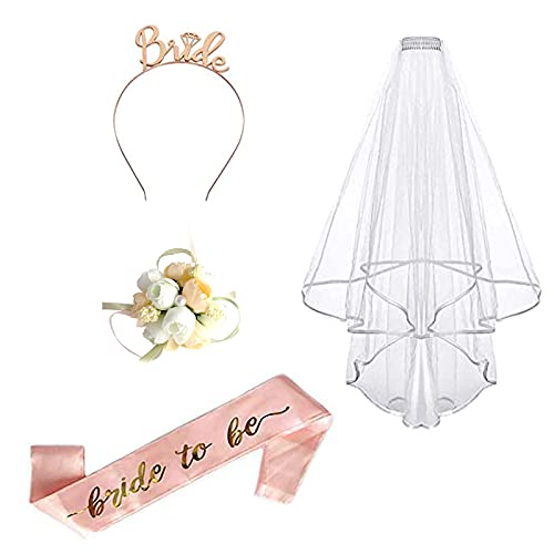 Deko Accessoires für Den Junggesellinnenabschied mit Schärpe JGA, Weißer Schleier mit Kamm, Krone Haarreif, Blumenarmband Braut Brautjungfern für Braut to be, Braut Dusche, Team Braut Deko Accessoires für Den Junggesellinnenabschied mit Schärpe JGA, Weißer Schleier mit Kamm, Krone Haarreif, Blumenarmband Braut Brautjungfern für Braut to be, Braut Dusche, Team Braut von AOTOPYU