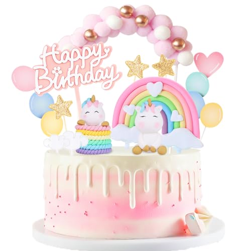 AOTWAN Einhorn Tortendeko Geburtstag, Tortendeko Einhorn Mädchen Neu, Einhorn Kuchen Topper Set, Macaron Kuchen Deko für Kinder Mädchen von AOTWAN