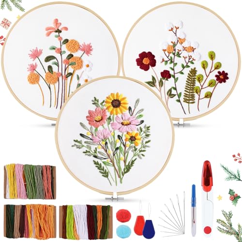 AOTWAN Stickset für Anfänger, Blumenmuster Pflanzen Sticken Set Erwachsene Stickerei Set mit 2 Stück Bambus Stickrahmen, Anleitung und Werkzeuge, Kreuzstich Set für DIY Kunst, Handwerk von AOTWAN