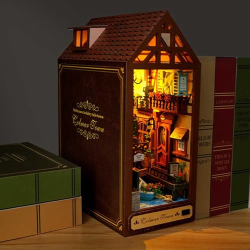 AOXCHEN 3D-Buchecken-Bausatz aus Holz, DIY Puzzle Bücherregal Einsatz Dekor, Modellbausätze mit LED, Buchstützen-Puppenhaus-Miniaturbausätze von AOXCHEN