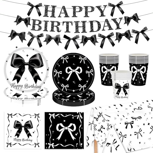Schwarze Schleife Geburtstags feier Dekoration, Mädchen Geburtstags geschirr, Bogen Happy Birthday Girlande Banner, Einweg platten, Servietten, Tischdecke, Tassen für Bogen Thema Party zubehör Dekor Schwarze Schleife Geburtstags feier Dekoration, Mädchen Geburtstags geschirr, Bogen Happy Birthday Girlande Banner, Einweg platten, Servietten, Tischdecke, Tassen für Bogen Thema Party zubehör Dekor von AOYEAH