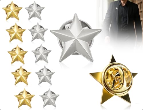 AOYEGIC 10 Stück Abzeichen Anstecknadel,Modische Metall Anstecker,Pentagramm Brosche,verwendet für Damen und Herren Kleidung Hut Anzug Pullover Dekoration(Gold und Silber) von AOYEGIC