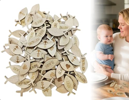 AOYEGIC 100 Stück Holz Fische Deko,Streudeko für Tauf,Konfirmation,Kommunion,Babyshowerparty,Fischornamente aus Holz Kann auf Tischen,Stühlen,Schränken und Fensterbänken von AOYEGIC