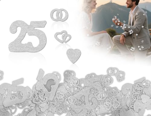 AOYEGIC 103 Stück Silberhochzeit Deko,Glitzer Konfetti Silber mit Nummer 25,Ringe und Herz Motiven,Streudeko für Hochzeit,25. Jubiläum und Geburtstag von AOYEGIC