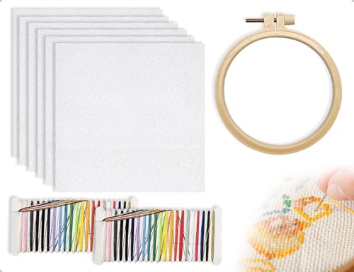 AOYEGIC 6 Stück Kreuzstich Stoff,Klassische Stickset,Sticktuch,Aida Handarbeitsstoff mit Rahmen und Farbfäden,verwendet für Erwachsene und Kinder Anfänger DIY Basteln Handwerk(20 * 20 cm) von AOYEGIC