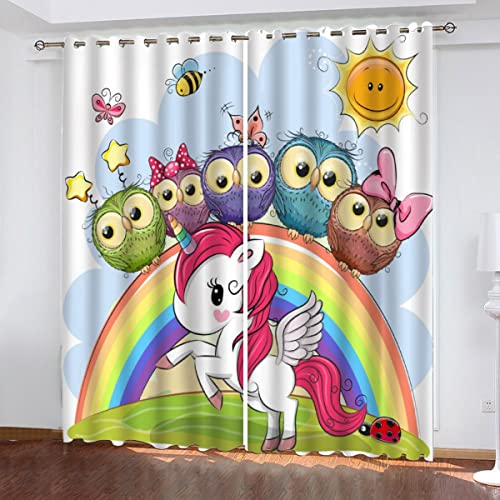 AOYNP Vorhang Blickdicht Kinderzimmer Verdunklungsvorhänge mit Ösen Cartoon-Pferd Gardinen süßer EulenregenbogenWohnzimmer Schlafzimmer Balkontir Schallschutz Thermovorhang 140x160 cm von AOYNP