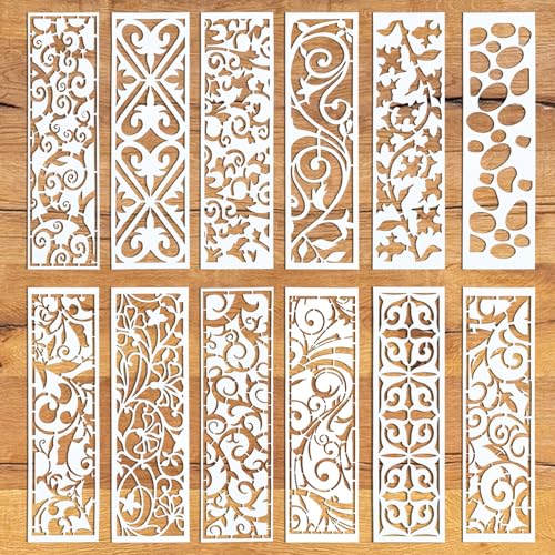 AOZUO 12 Stück Schablonen zum Malen, Tortenschablone Bordürenblatt Schablone, Wiederverwendbare Malschablonen aus Kunststoff, zum Malen auf Holz, Leinwand, Papier, Stoff, Heimdekoration von AOZUO
