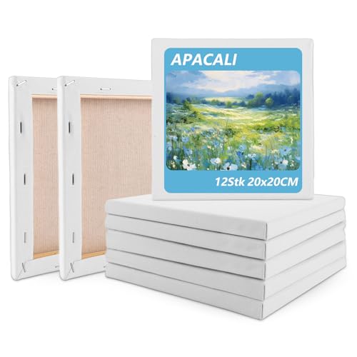 APACALI 12 Stück Leinwand zum Bemalen, 20x20cm Leinwand Keilrahmen aus Baumwolle, Leinwandbrett Künstler Keilrahmen, Gemälde Leinwandrahmen, säurefreie weiße Leinwand für Bastler und Künstler von APACALI