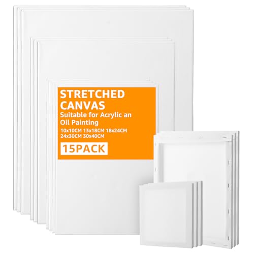 APACALI 15 Stück Leinwand zum Bemalen, 10 x 10, 13 x 18, 18 x 24, 24 x 30, 30 x 40 cm weiße Leinwand auf Keilrahmen aus Baumwolle, säurefreie weiße Leinwand für Öl-, Gouache-, Acrylfarben geeignet von APACALI