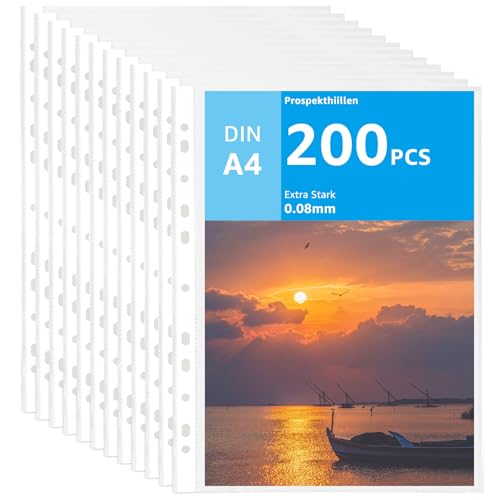 APACALI 200 Stück Klarsichthüllen A4, 0.08mm Prospekthüllen A4 mit Lochung, Extra Stark Klarsichtfolien A4, Oben Offen Klarsichthüllen A4 glasklar, Sicht-Hüllen Plastikhülle für A4 Ordner Dokumente von APACALI