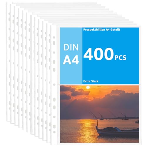 APACALI 400 Stück Klarsichthüllen A4 Geteilt, 2 Fach Prospekthüllen A4 Geteilt mit Lochung, Extra Stark Prospekt-Hüllen, Sicht-Hüllen Plastikhülle für A4 Ordner Dokumente Papiere von APACALI