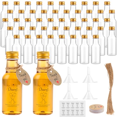 APACALI 50 Stück 50ML Mini Likörflaschen, Kleine Schnapsflaschen mit Schraubverschlüssen und 2 Trichter, Kunststoff Likörflaschen, Flaschen zum Befüllen von Flüssigkeiten für Hochzeiten, Parties von APACALI