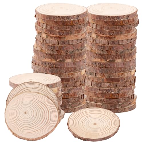 APACALI 50 Stück Holzscheiben zum Basteln, 6-7cm Baumscheiben, Kleine Baumscheiben zum Basteln mit Rinde, Holzscheiben Ohne Loch, Rund Deko Holzscheiben Klein für DIY, Hochzeit, Mittelstücke von APACALI