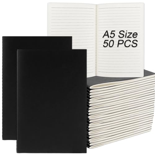APACALI 50 Stück Notizbuch A5 Blanko, 60 Seiten (30 Blätter) Notizblock Skizzenbuch Kraft Cover Schwarz, 21x14,5cm Notizbücher für Büro und Schule, zum Zeichen, Doodling, Schreiben von APACALI