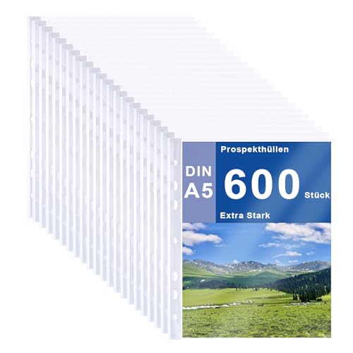 APACALI 600 Stück Klarsichthüllen A5, Prospekthüllen A5 glasklar mit Lochung, Extra Stark Prospekt-Hüllen, Oben Offen Klarsichthüllen Sicht-Hüllen Plastikhülle für A5 Dokumente Papiere von APACALI