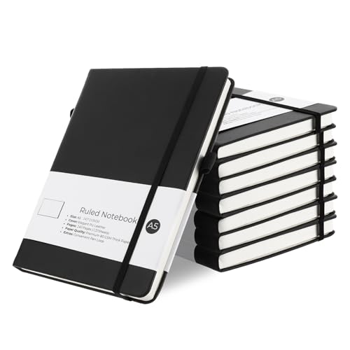 APACALI 8 Stück Notizbuch A5 Liniert Hardcover, 240 Seiten (120 Blätter) Notizbücher Set, Journal Buch, Notizblock Set für Büro, Schule, für Kinder und Erwachsene, Din A5, Schwarz von APACALI