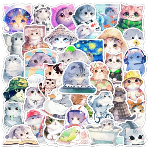 APAREAL Kawaii Katze Aufkleber 50 Stück, Graffiti Aquarell Kätzchen Sticker für Laptop Journal Scrapbooking Kindle Koffer MacBook Fahrrad Skateboard, Wasserfeste Vinyl Anime Decals von APAREAL