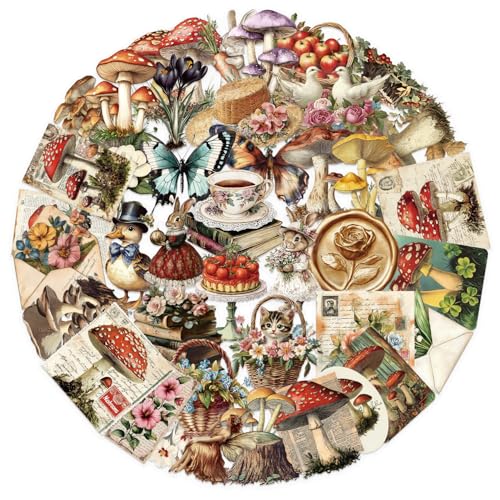 APAREAL Vintage Aesthetic Aufkleber 50 Stück, Pilze und Blumen Sticker Set für Journal Laptop Kindle Scrapbooking Motorrad MacBook Fahrrad Skateboard Koffer, Wasserfeste Transparente PET Sticker von APAREAL