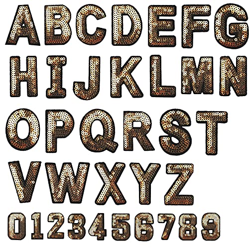 26 Stück Alphabet Englisch Buchstaben A-Z Pailletten Bügelbild Flicken 10 Stück 0-9 Zahlen Aufnäher Applikationen Gold Glitzer Hotfix Dekorative Reparaturflicken von APBVIHL