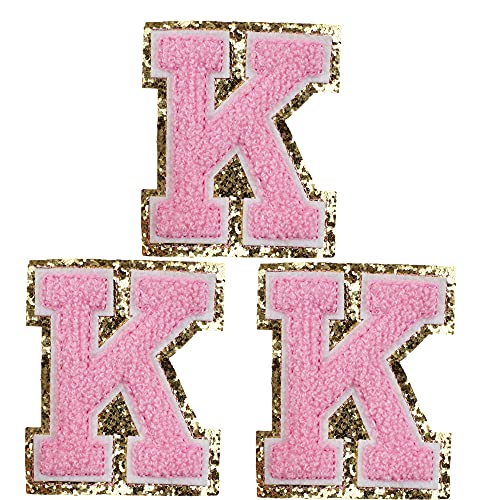 Personalisierbare Bügelbilder mit englischem Buchstaben K, Alphabet, Nähapplikationen, Kleidung, Abzeichen, rosa Buchstaben mit goldenem Rand, selbstklebende Rückseite von APBVIHL