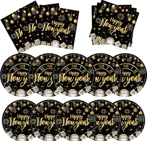 2025 New Year Party Supplies 12060 Stück Black Gold Party Geschirr Set, einschließlich Teller, Servietten für die 2025 New Year Birthday Party Dekoration, servieren 16 Gäste von APDECCLK