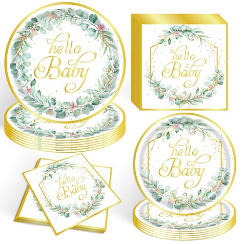 52 PCS Salbei Grün Hallo Baby Geschirr Set, grünes Gold Eukalyptusblatt Baby Duschplatten und Servietten Sets für Baby Girl Boy Neutrale Baby Dusche Party Dekorationen Supplies 52 PCS Salbei Grün Hallo Baby Geschirr Set, grünes Gold Eukalyptusblatt Baby Duschplatten und Servietten Sets für Baby Girl Boy Neutrale Baby Dusche Party Dekorationen Supplies von APDECCLK