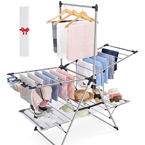 APEXCHASER Clothes Drying Rack with High Hanger, Foldable 2-Level Drying Racks for Laundry, Laundry Stand with Height-Adjustable Gullwings von APEXCHASER