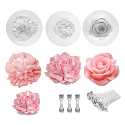 APKOL 3 Stück Kerzen Formen Silikon Silikonformen Gießformen Kerzen Kerzenformen zum Gießen Blumen 3D,Rosen Nelke Pfingstrose,mit 100 * 8cm Wachsdochte+3 Halter von APKOL