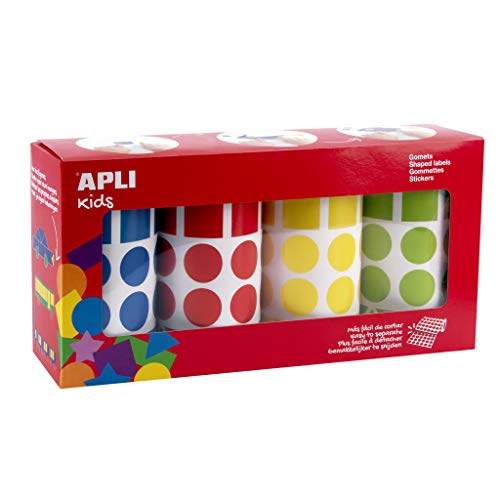 APLI Kids 18804 - Packung mit 8260 Gummibändern in 4 Rollen (blau, rot, gelb und grün) mit gemischten geometrischen Formen (Kreise, Quadrate, Rechtecke und Dreiecke), 20 mm, permanenter Klebstoff. von APLI Kids