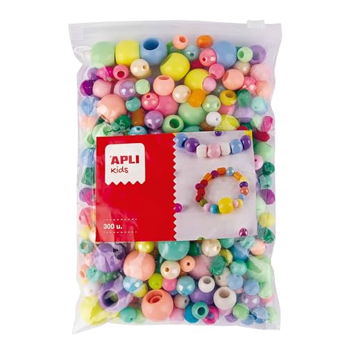 APLI Kids 19586 - Beutel mit 300 Kunststoffperlen, verschiedene Farben, mehrfarbige Perlen für Bastelarbeiten, Armbänder und Halsketten von APLI Kids