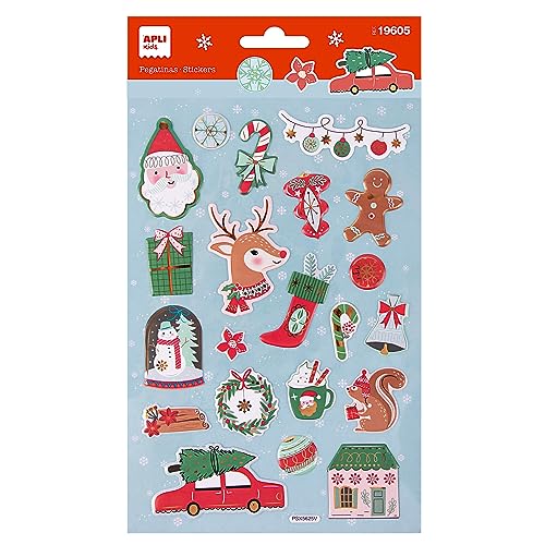 APLI Kids 19605 Weihnachts-Sticker, 1 Bogen mit ca. 22 permanenten Aufklebern, ideal für Scrapbooking, DIY oder zum Dekorieren von Geschenken, Karten oder anderen Details für Weihnachten. von APLI Kids