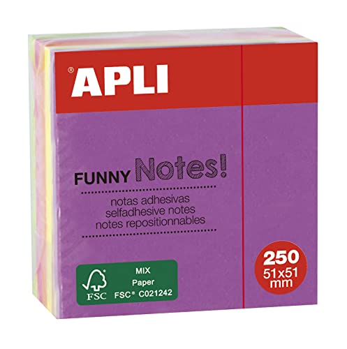 Apli 11596 Funny Sticky Notes 51 x 51 mm Mini Block 250 Blatt 5 verschiedene fluoreszierende Farben von APLI