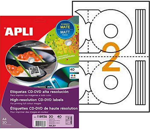 APLI 118936 Samt-40 Etiketten CD/DVD Foto matt A4 117,5 cm x 18 mm Durchmesser von APLI