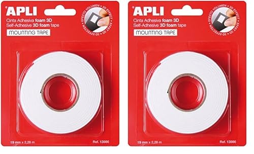 APLI 13986 Doppelseitiges Schaumstoff-Klebeband, 19 mm x 2,28 m, Weiß (Packung mit 2) von APLI