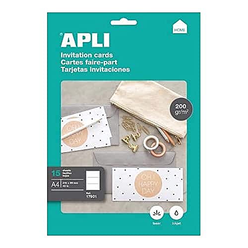 APLI 17901 - Einladungskarte für Zuhause, 210 x 99 mm, 200 g, weiß, Beutel mit 15 Blatt DIN A4 von APLI