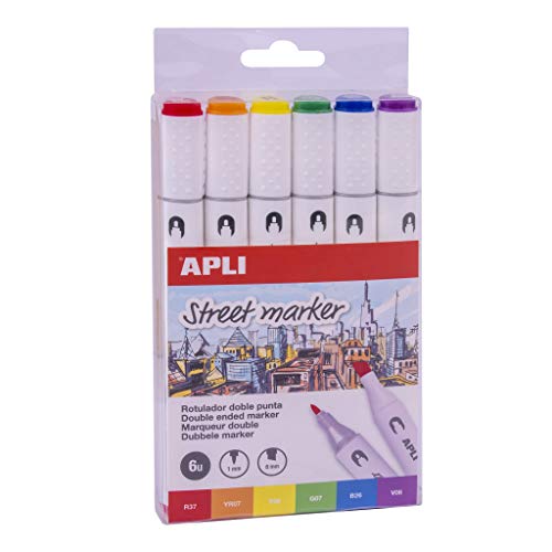 APLI 18431 Street Marker mit doppelter Spitze (1 mm Rund und 6 mm Keilspitze), 6 Stück in verschiedenen Farben. von APLI