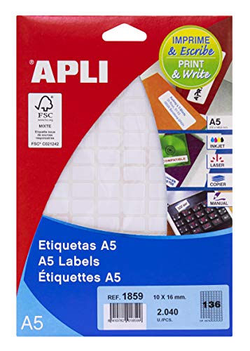 Apli Labels A5 Print & Write 10 x 16 mm weiß 2312pieza (S) – Selbstklebende Etikette (weiß, A5, 16 mm, 10 mm, 190 x 125 x 6 mm, 2312 Stück (S)) von APLI